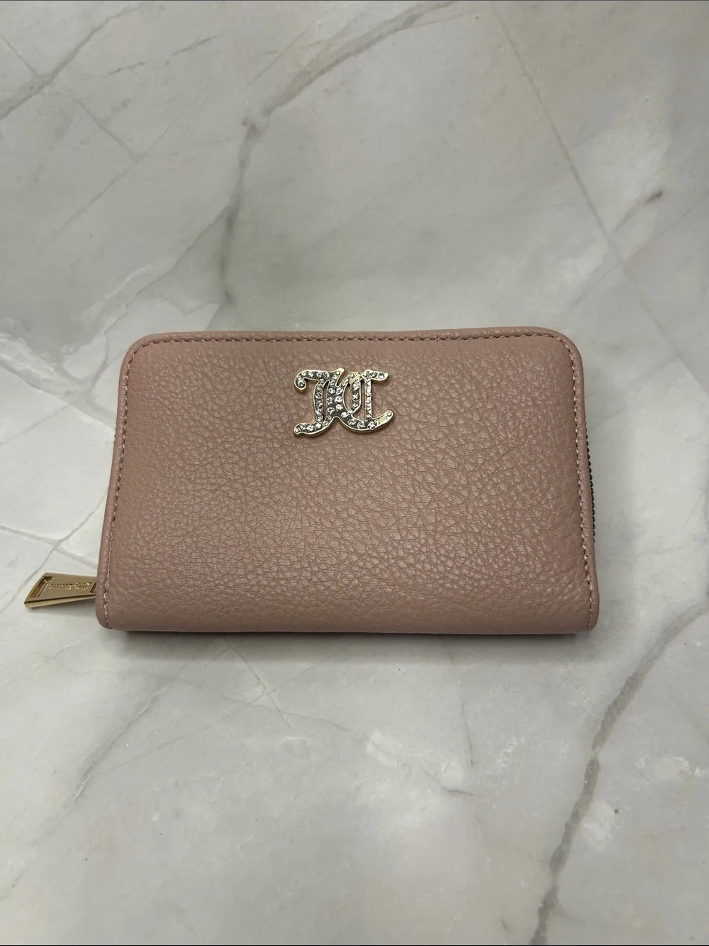 Juicy Couture Blush Pink Pebbled Leather Zip Wallet with Crystal Logo